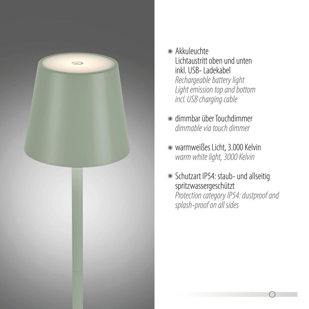 LED oppladbar gulvlampe Euria grønn IP54 dimbar høydejustering