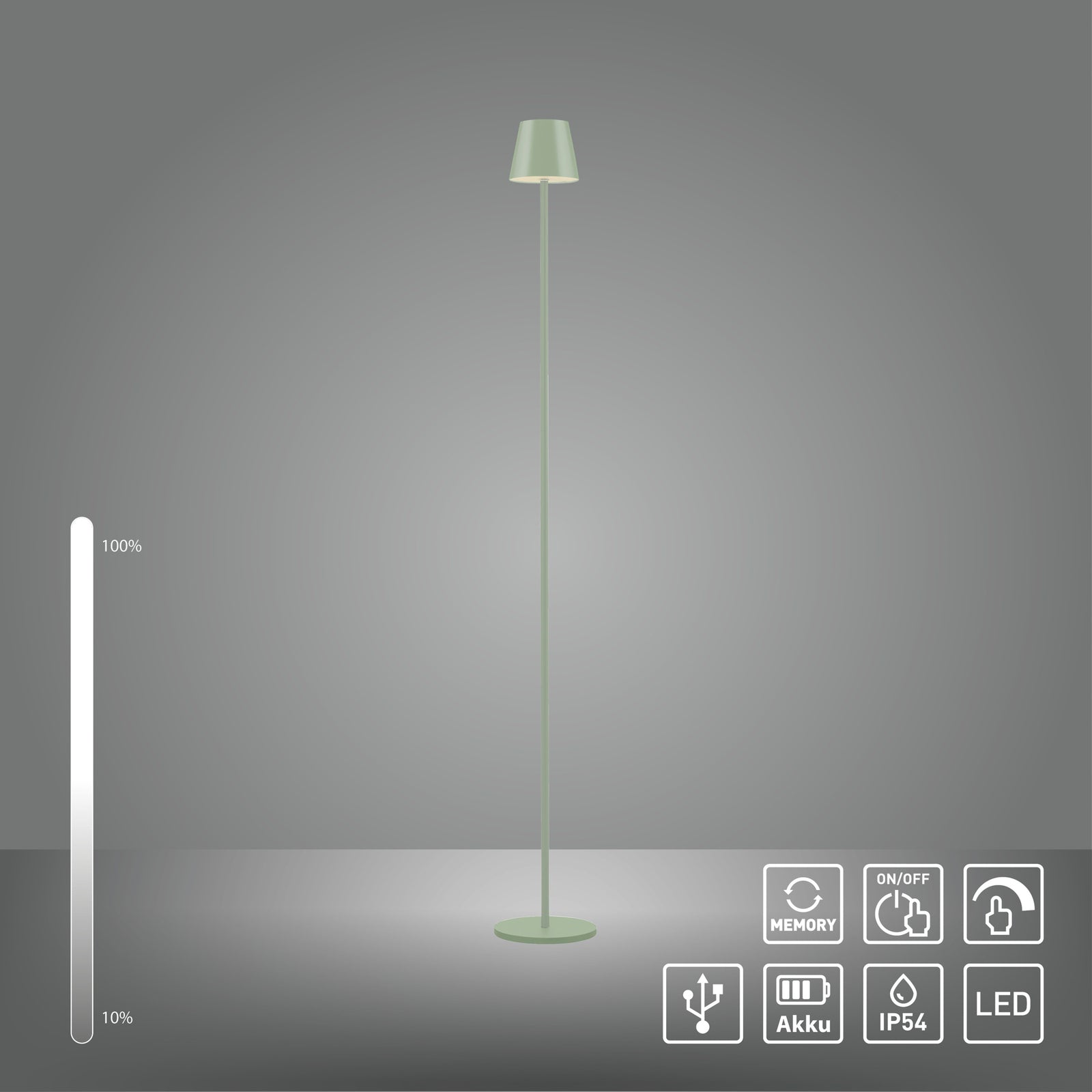 LED oppladbar gulvlampe Euria grønn IP54 dimbar med varmt hvitt lys