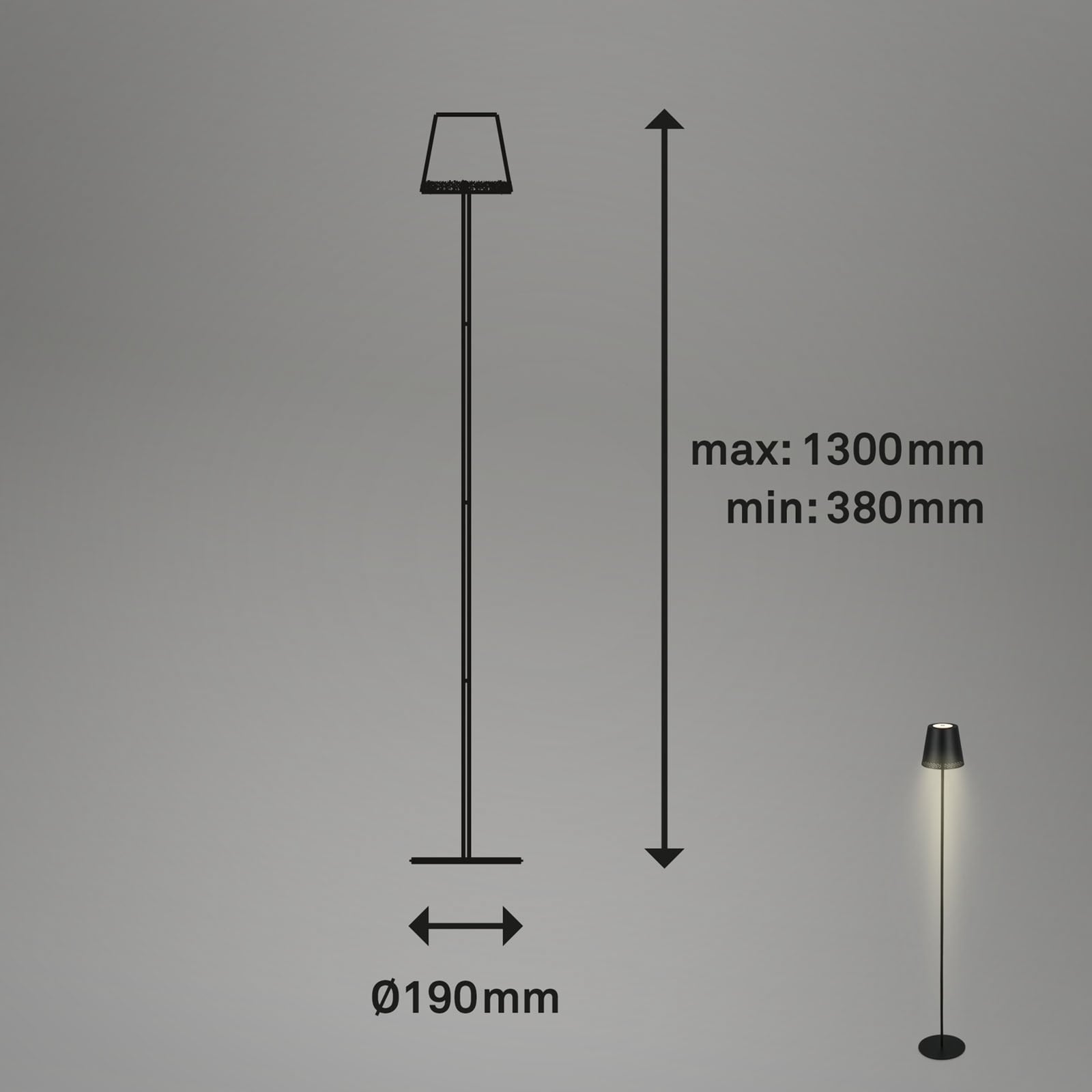 LED oppladbar gulvlampe Kiki høydejusterbar svart IP44 dimbar bakside