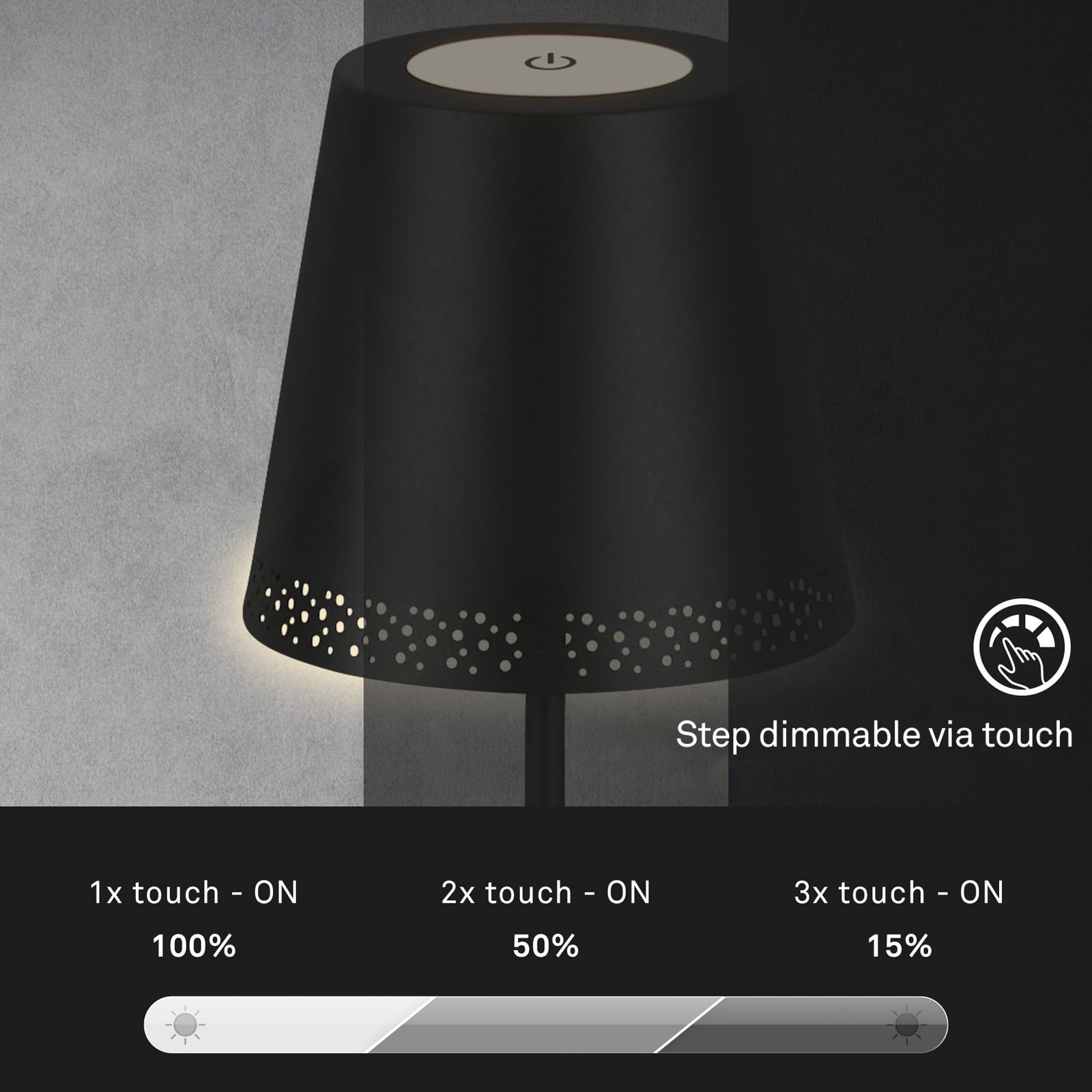 LED oppladbar gulvlampe Kiki høydejusterbar svart IP44 dimbar med USB-ladekabel