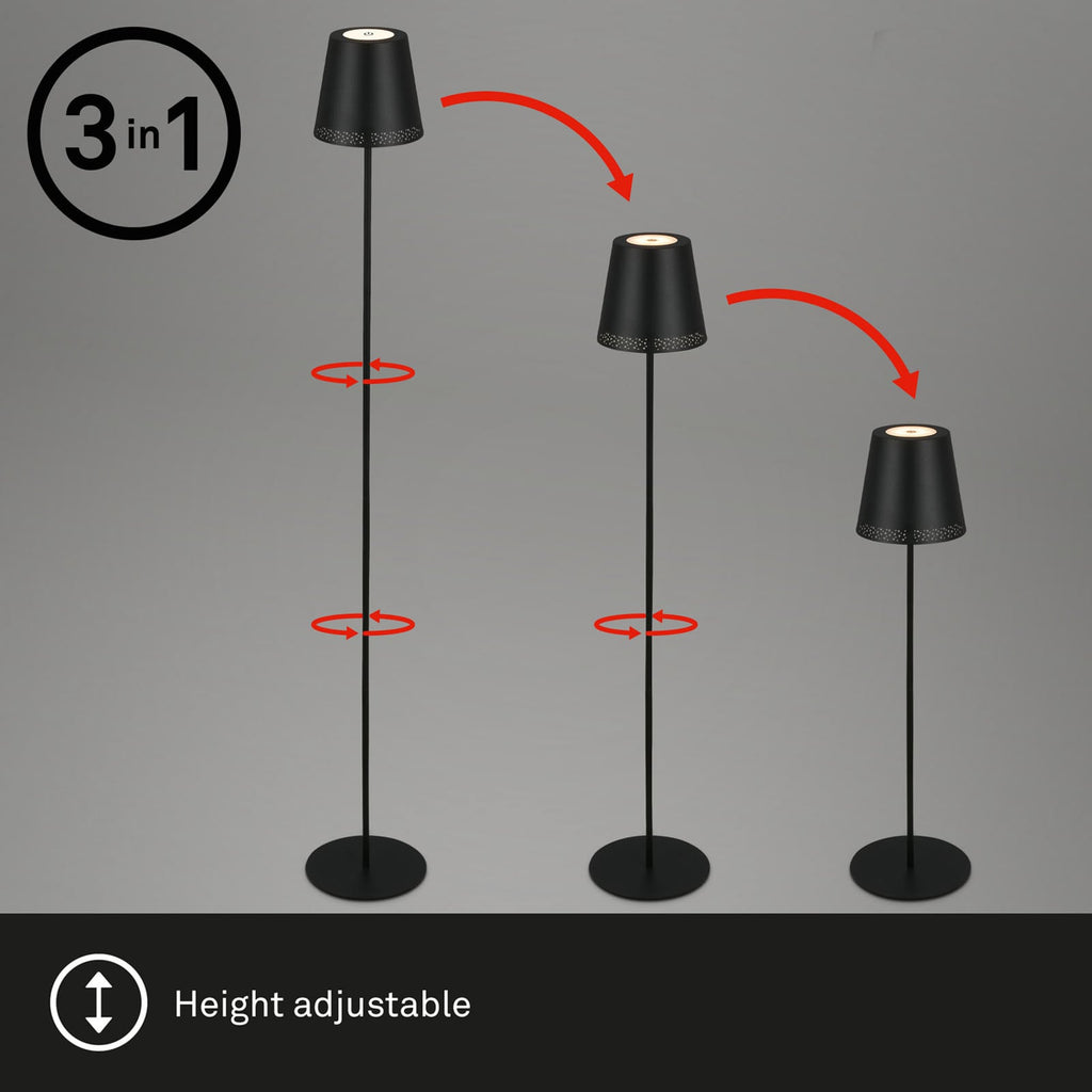 LED oppladbar gulvlampe Kiki høydejusterbar svart IP44 dimbar i bruk utendørs
