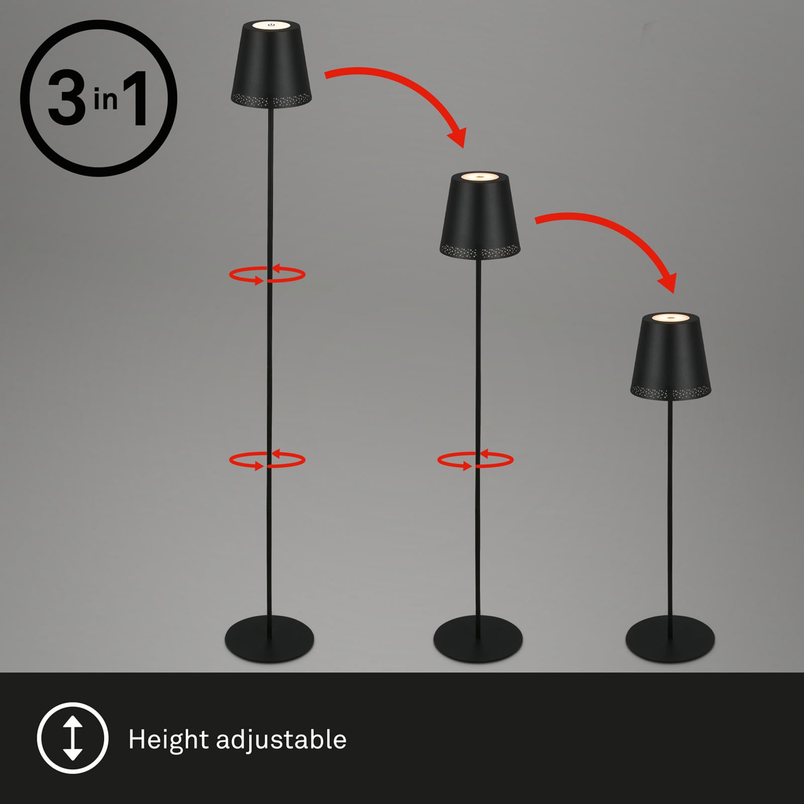 LED oppladbar gulvlampe Kiki høydejusterbar svart IP44 dimbar i bruk utendørs