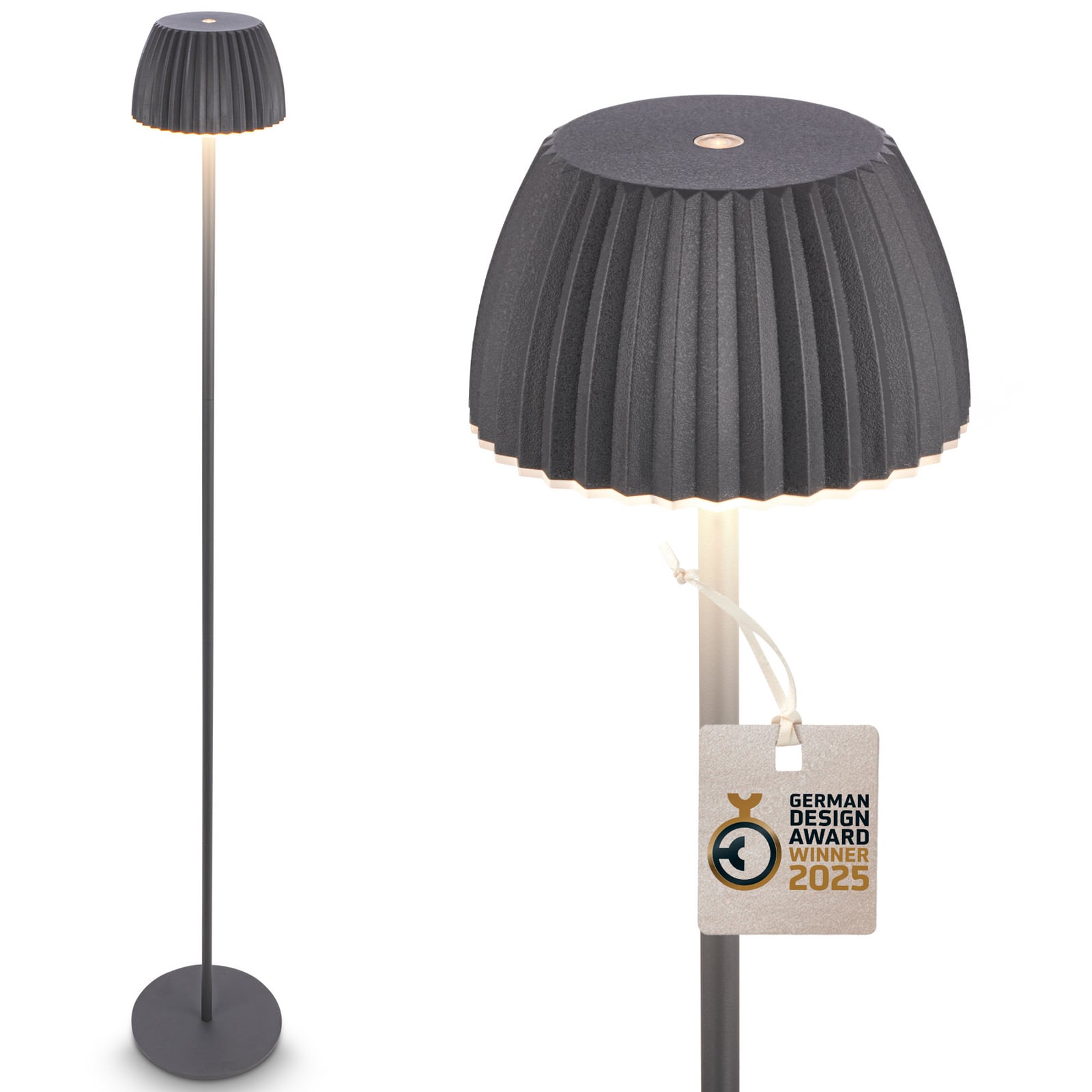 LED oppladbar gulvlampe Riffle antrasitt IP44 dimbar bakside