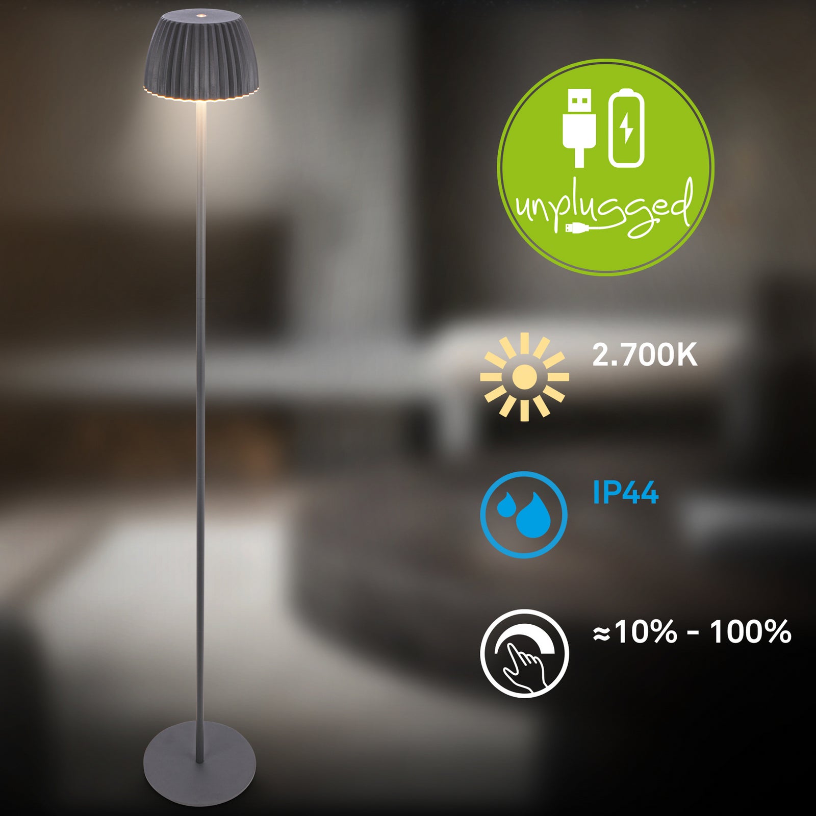 LED oppladbar gulvlampe Riffle antrasitt IP44 dimbar batteri og bryter