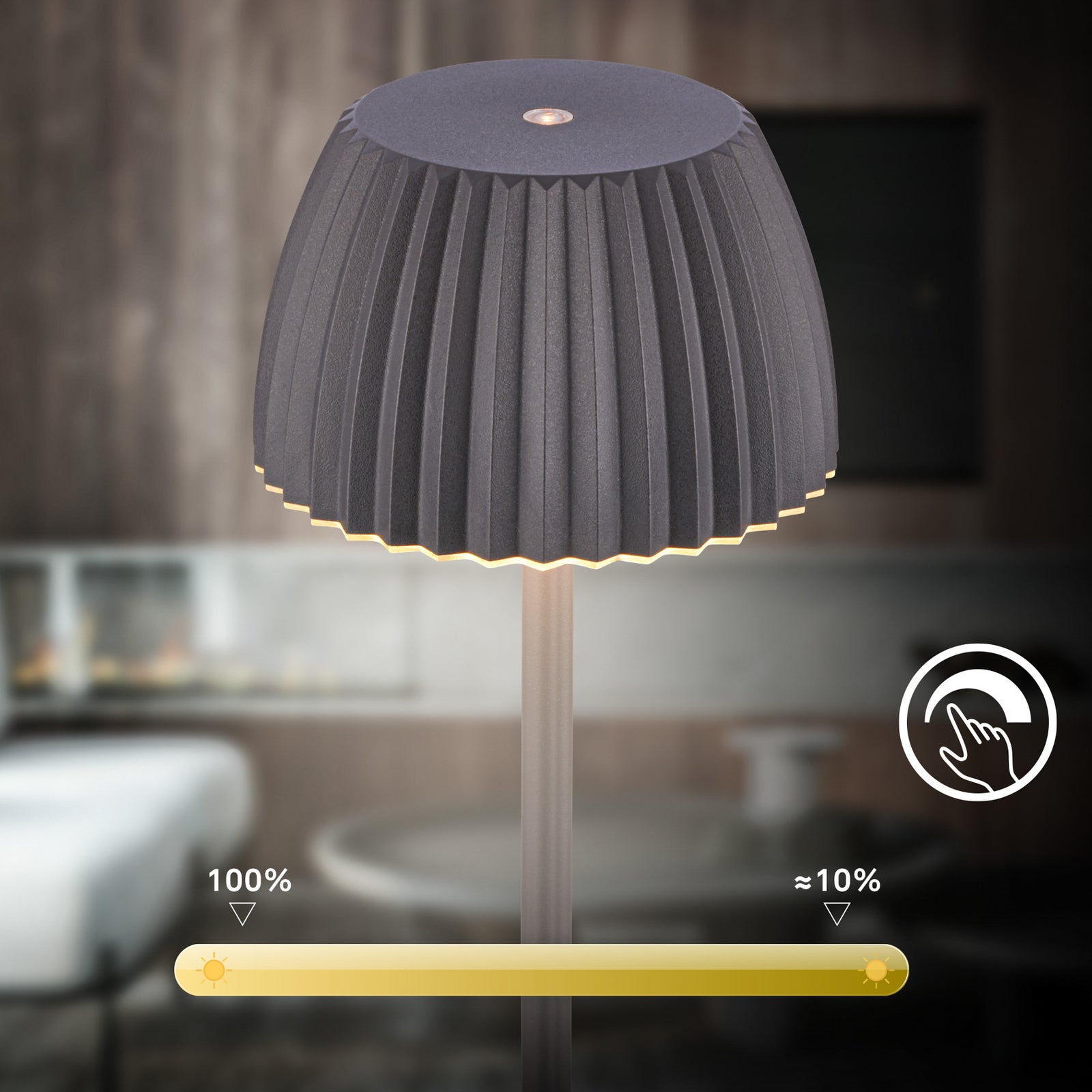 LED oppladbar gulvlampe Riffle antrasitt IP44 dimbar på terrasse