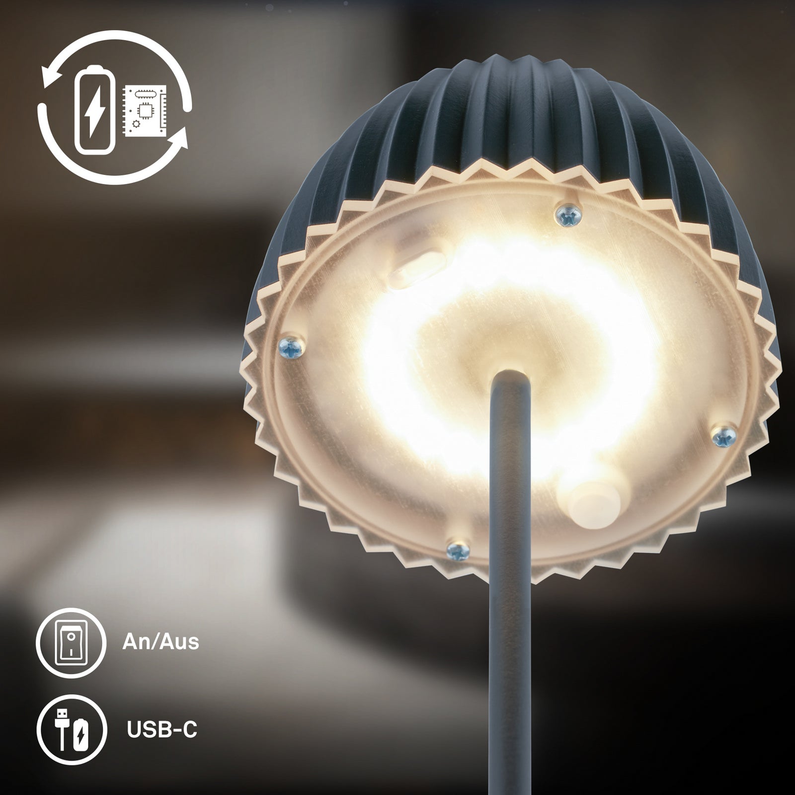 LED oppladbar gulvlampe Riffle antrasitt IP44 dimbar dimming funksjon