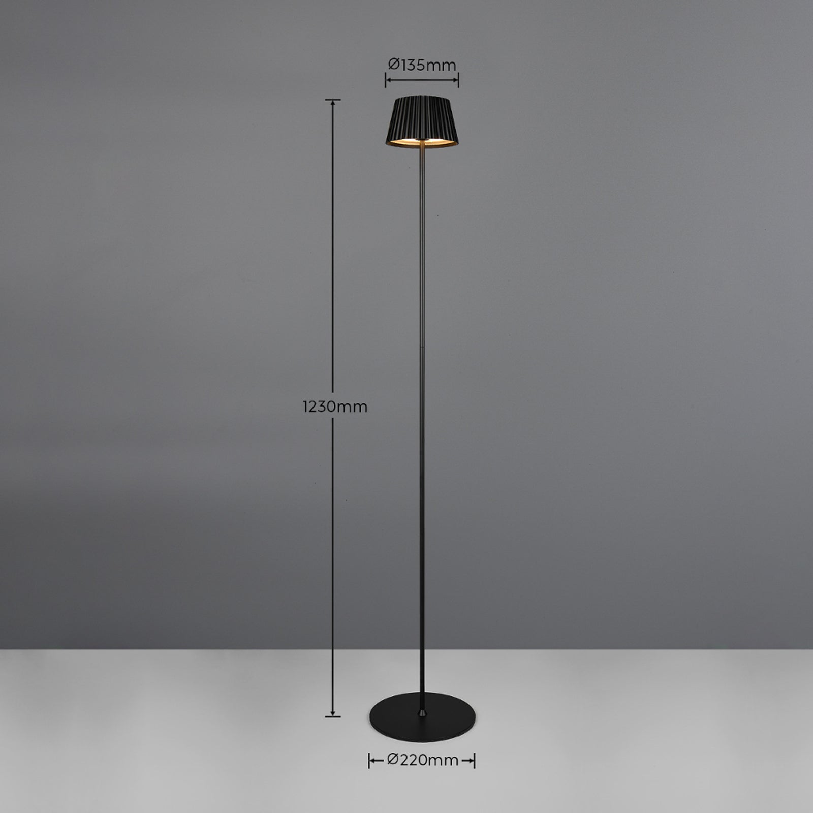 LED oppladbar gulvlampe Suarez dimbar svart H123 cm detalj av touchdimmer