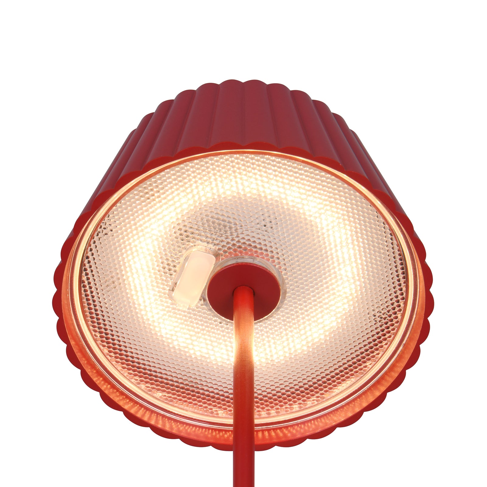 LED oppladbar gulvlampe Suarez rød 123 cm dimbar IP44 montert på terrasse