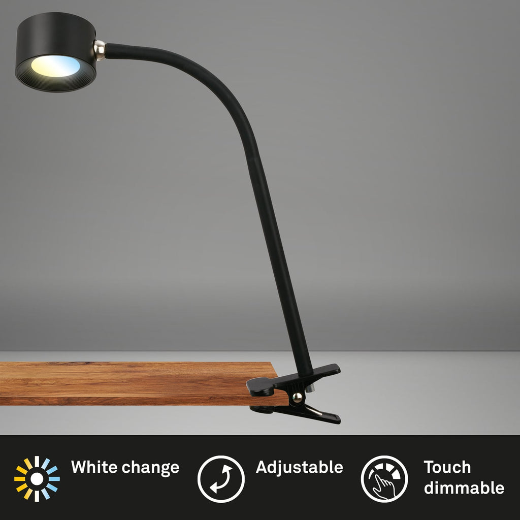 LED oppladbar klemmelampe Tari svart CCT dimbar IP44 touchdimmer