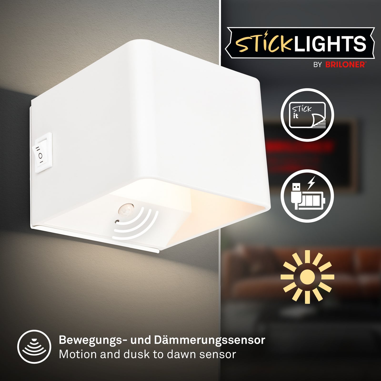 LED oppladbar vegglampe Barro hvit med bevegelsessensor bakside