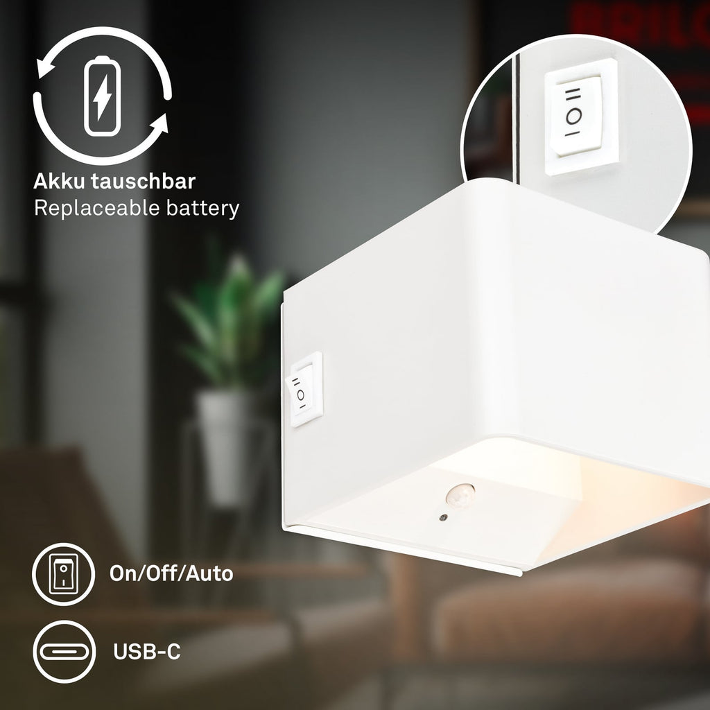 LED oppladbar vegglampe Barro hvit med bevegelsessensor nærbilde