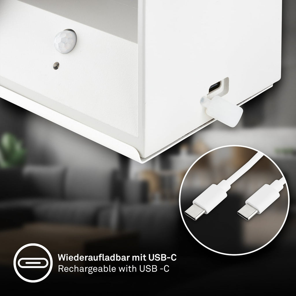 LED oppladbar vegglampe Barro hvit med bevegelsessensor profil