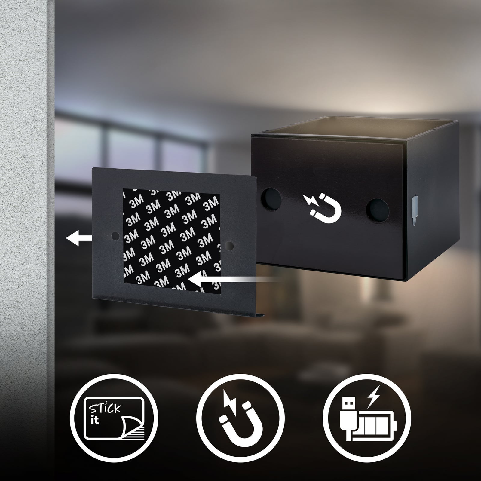 LED oppladbar vegglampe Barro svart metall montert på vegg