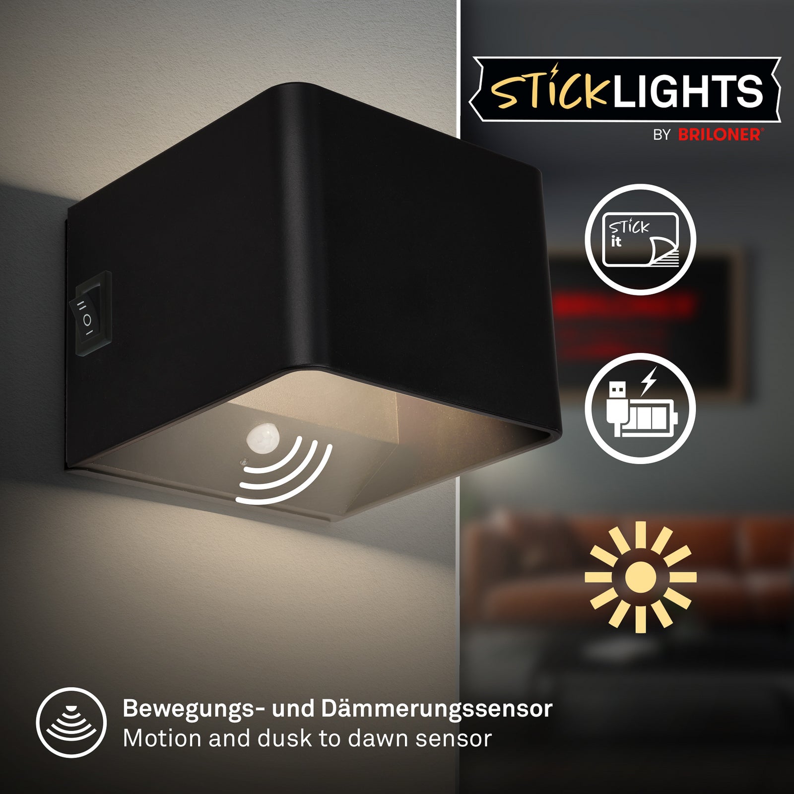 LED oppladbar vegglampe Barro svart metall med USB-C ladekabel