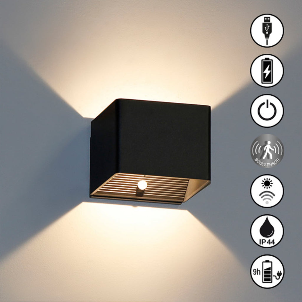 LED oppladbar vegglampe Magnetic svart med bevegelsessensor IP44 - FH Lighting USB lader