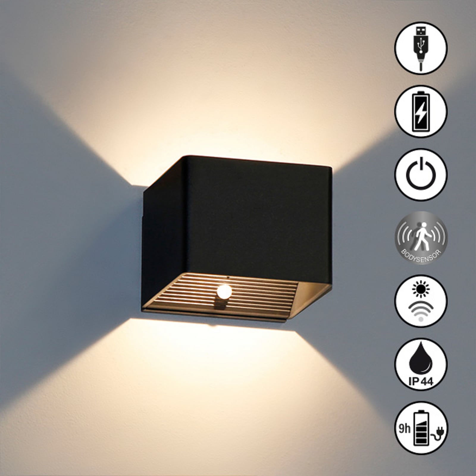 LED oppladbar vegglampe Magnetic svart med bevegelsessensor IP44 - FH Lighting USB lader