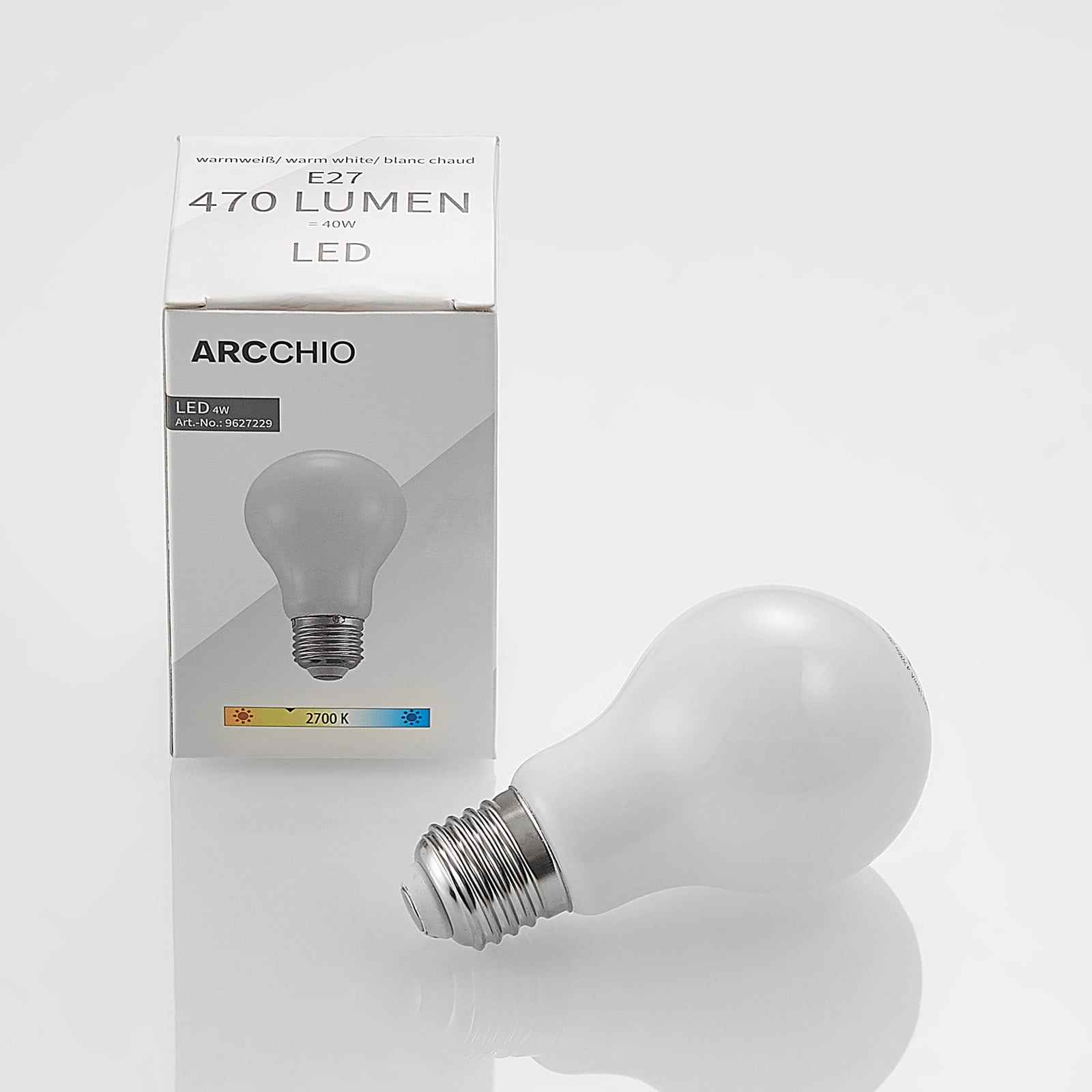 Montert LED-pære E27 4W 2700K dimbar opal pæreform Arcchio i lampe