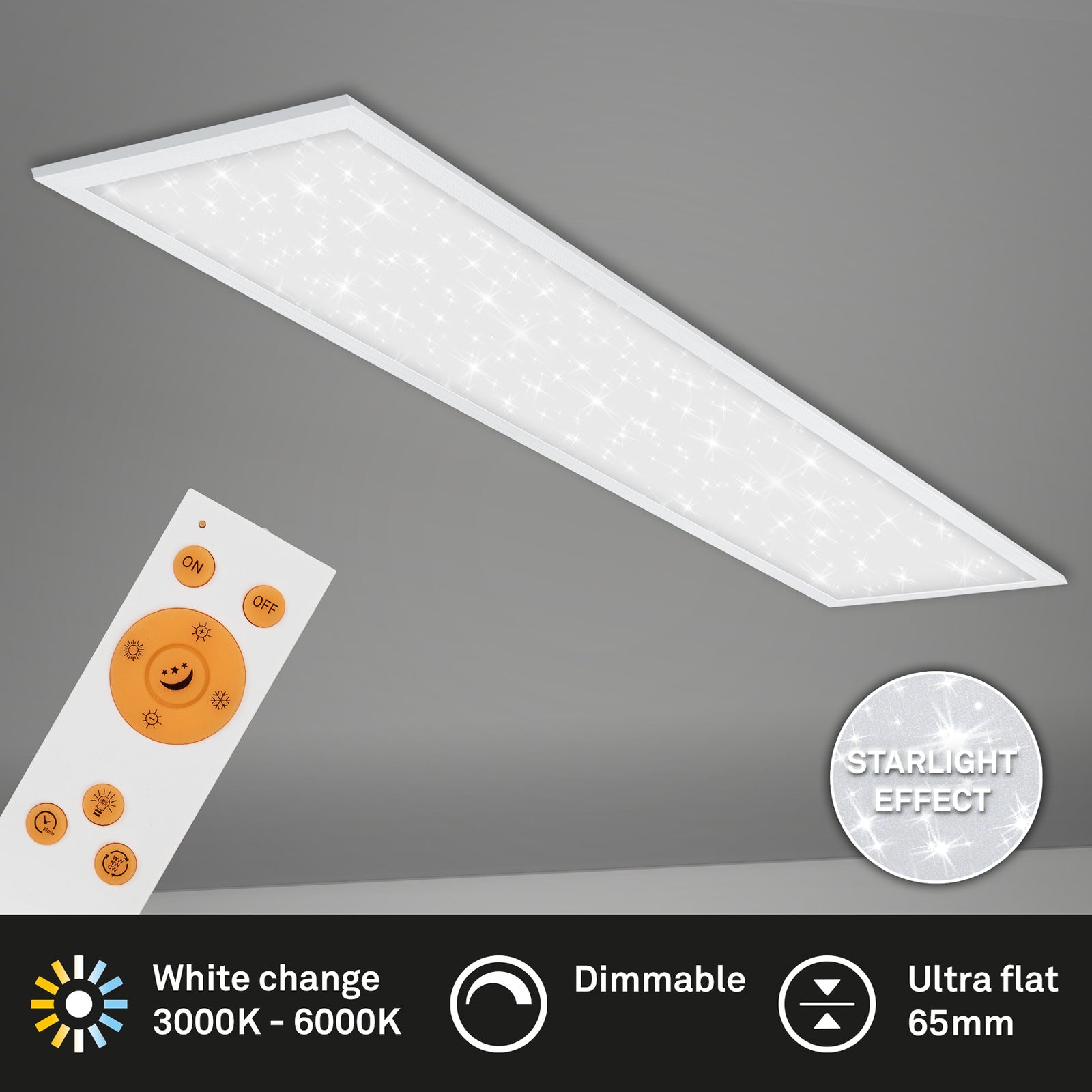 LED-panel Pallas dimbar CCT 119,5x29,5 cm hvit 36W nærbilde av fjernkontroll
