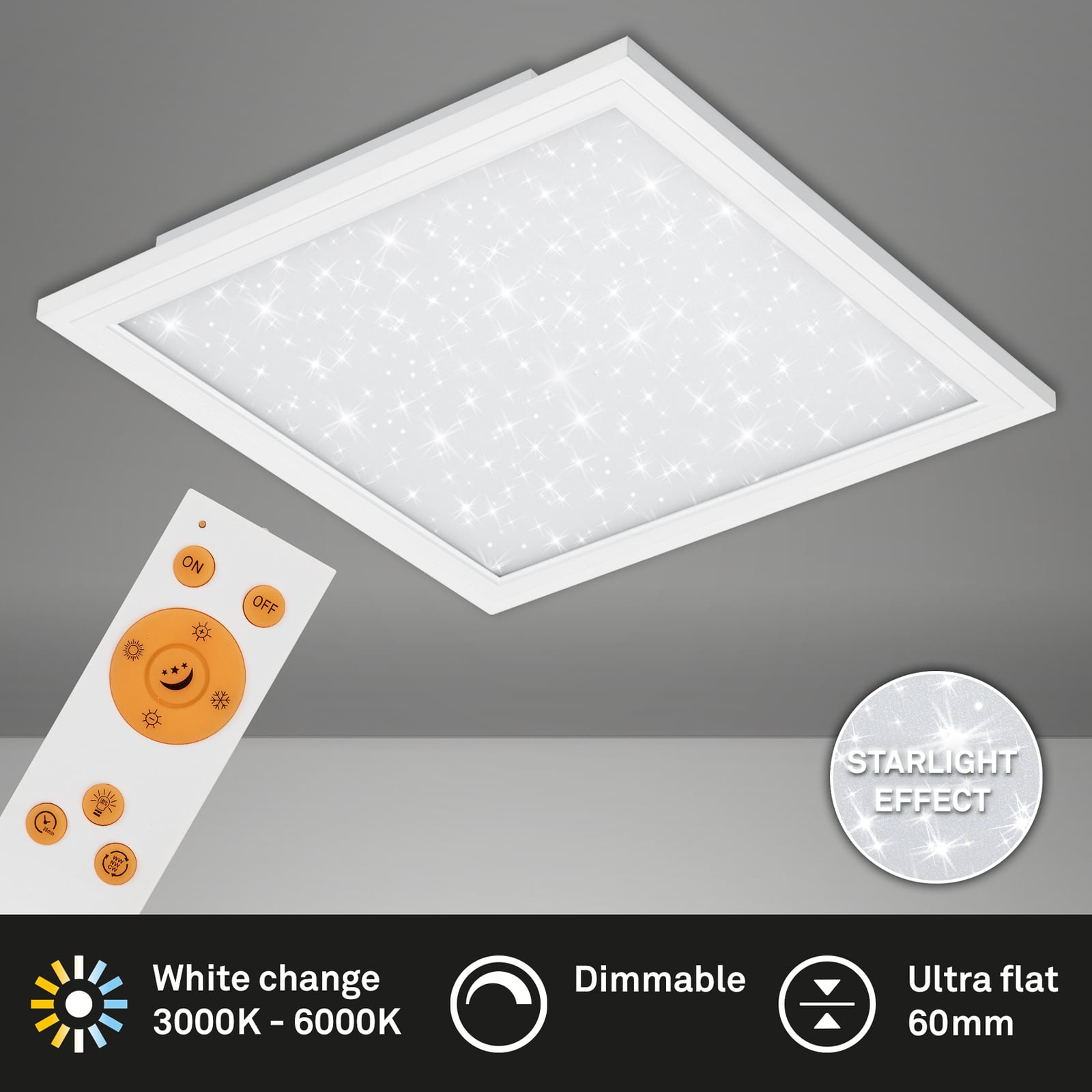 Montert LED-panel Pallas dimbar CCT 59,6x59,6 cm 36W med fjernkontroll i rom