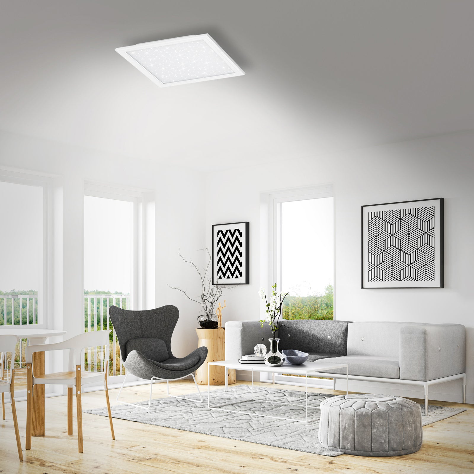 LED-panel Pallas dimbar CCT 59,6x59,6 cm 36W med fjernkontroll i bruk