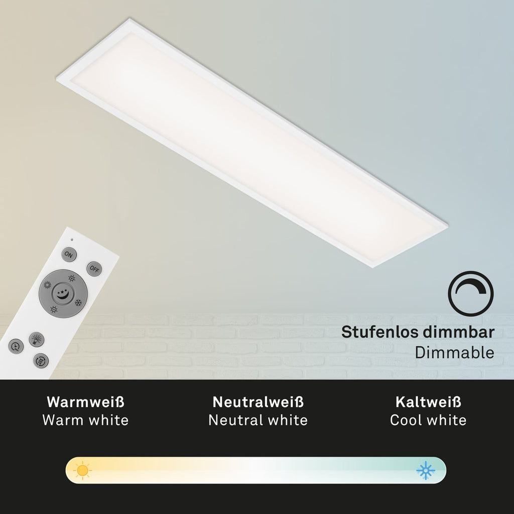 LED-panel Piatto CCT dimbar 100x25 cm hvit med fjernkontroll i rommiljø