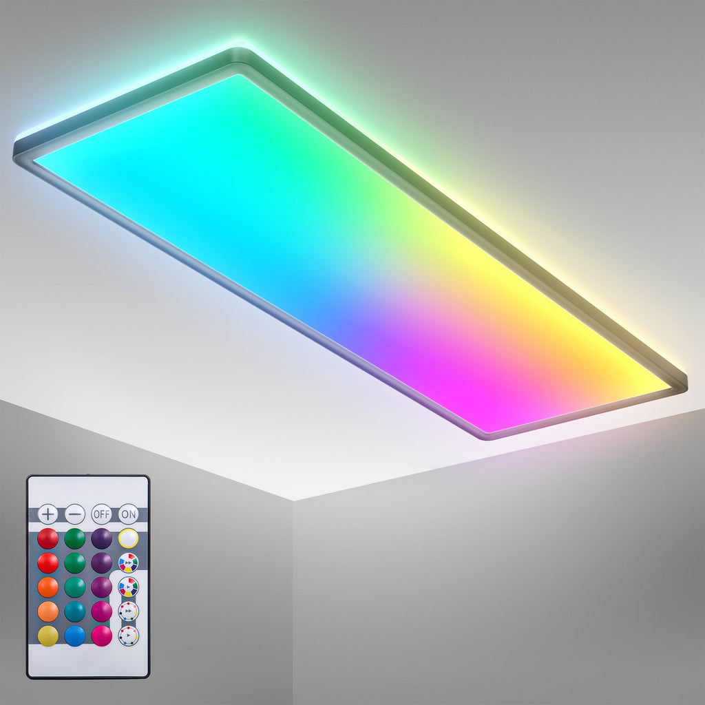 LED-panel Slim RGBW dimbar med fjernkontroll svart 58x20 cm med fjernkontroll i bruk
