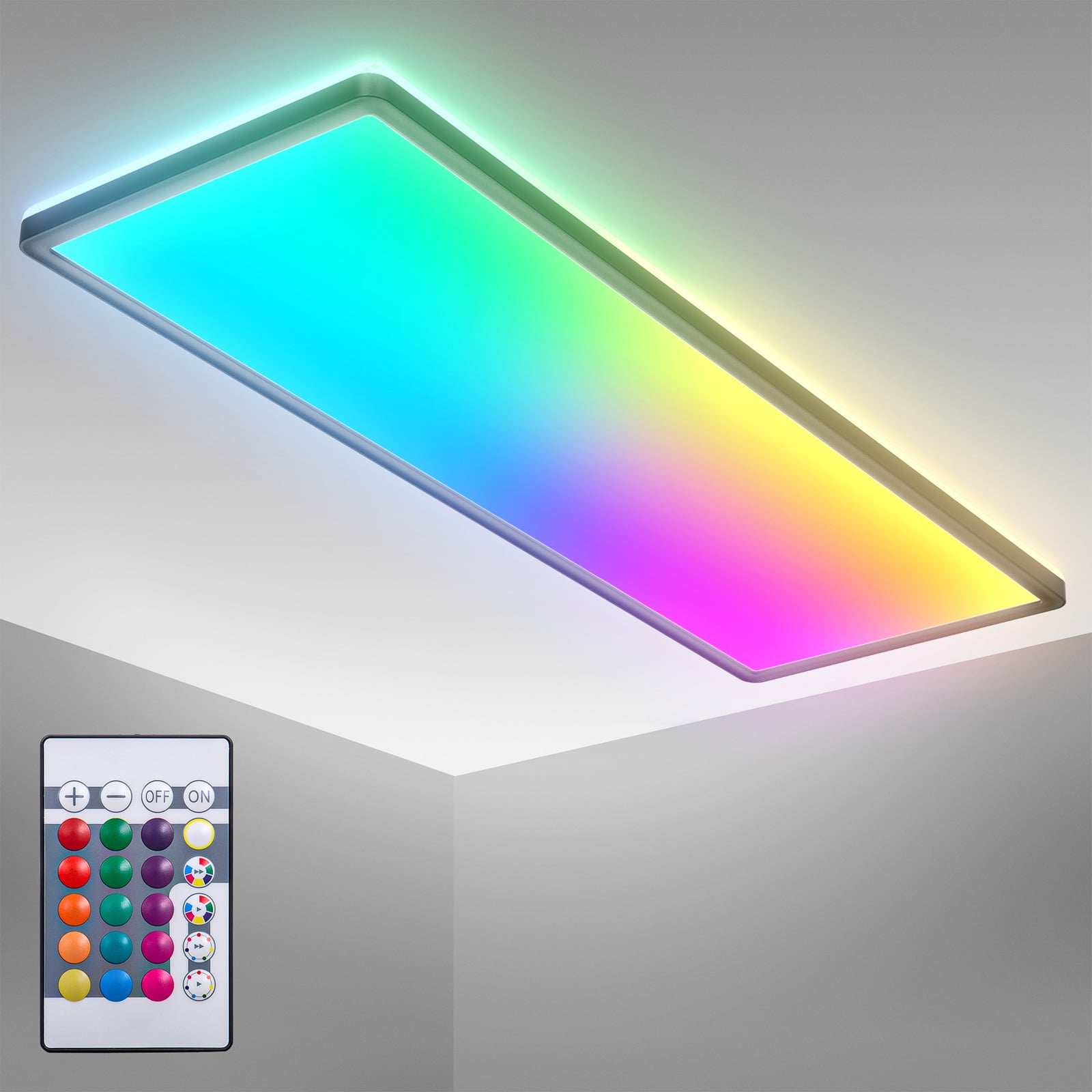 LED-panel Slim RGBW dimbar med fjernkontroll svart 58x20 cm med fjernkontroll i bruk