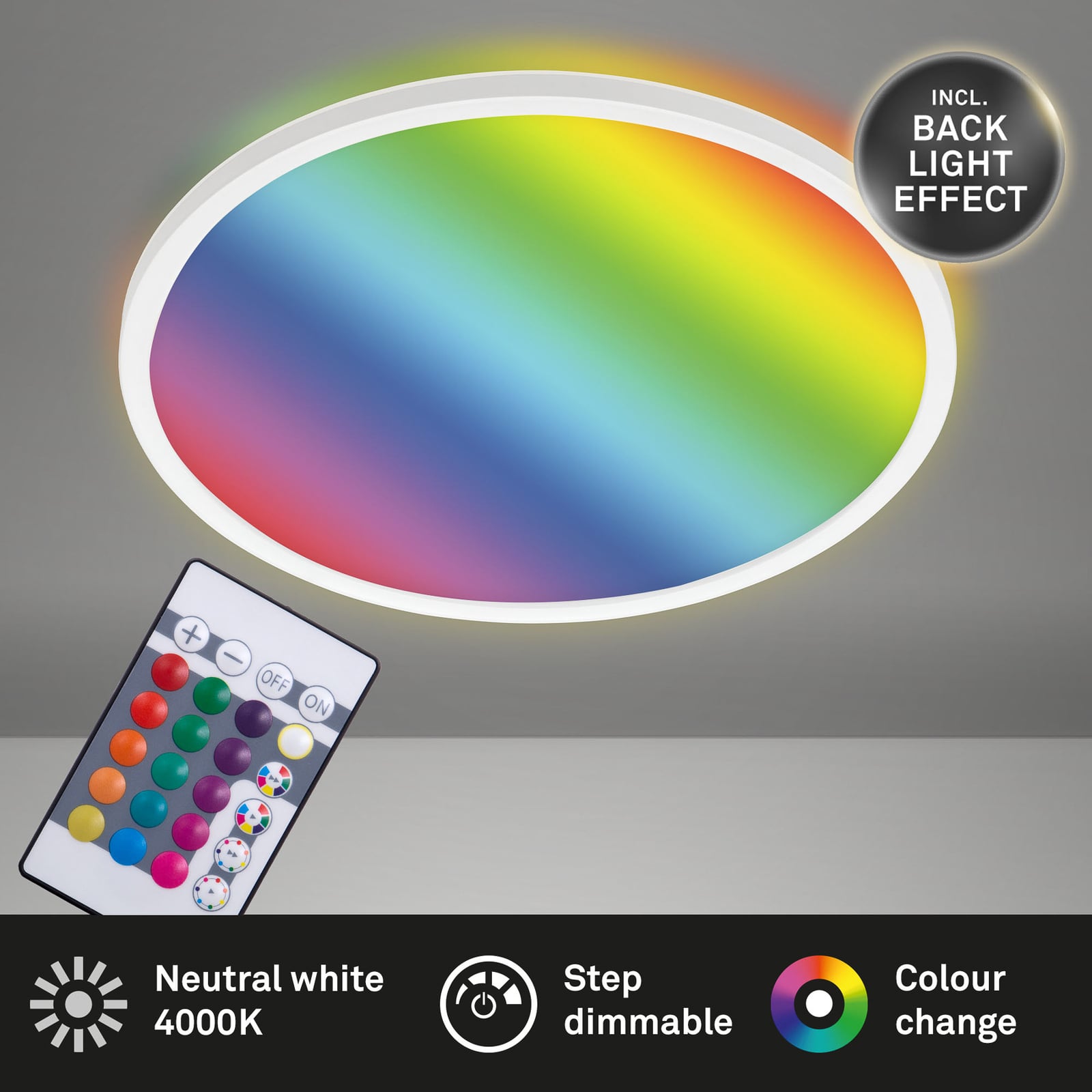 LED-panel Slim rund RGBW Ø42 cm dimbar hvit - Briloner med fjernkontroll