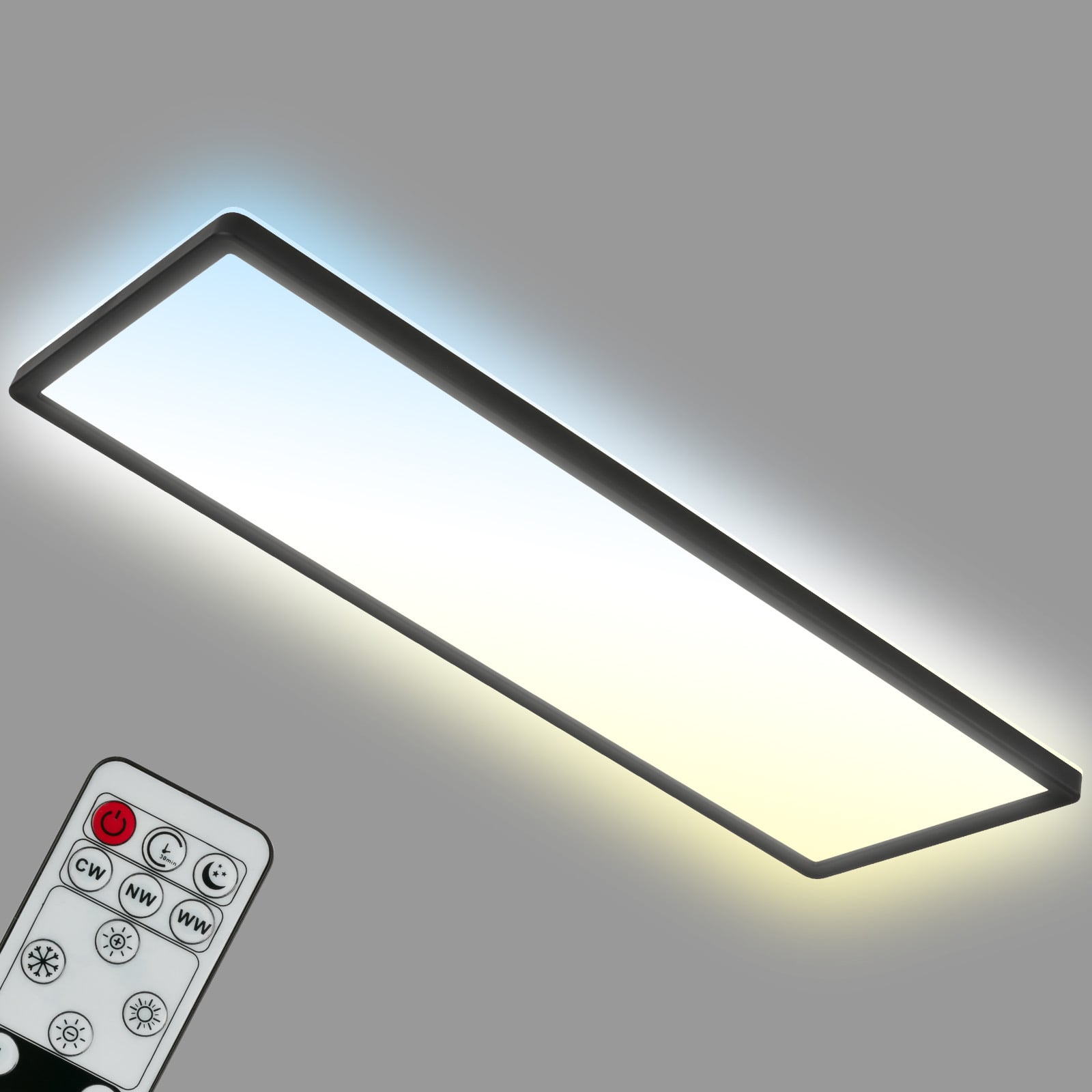 Nærbilde av fjernkontroll til LED-panel Slim svart ultratynt CCT dimbar