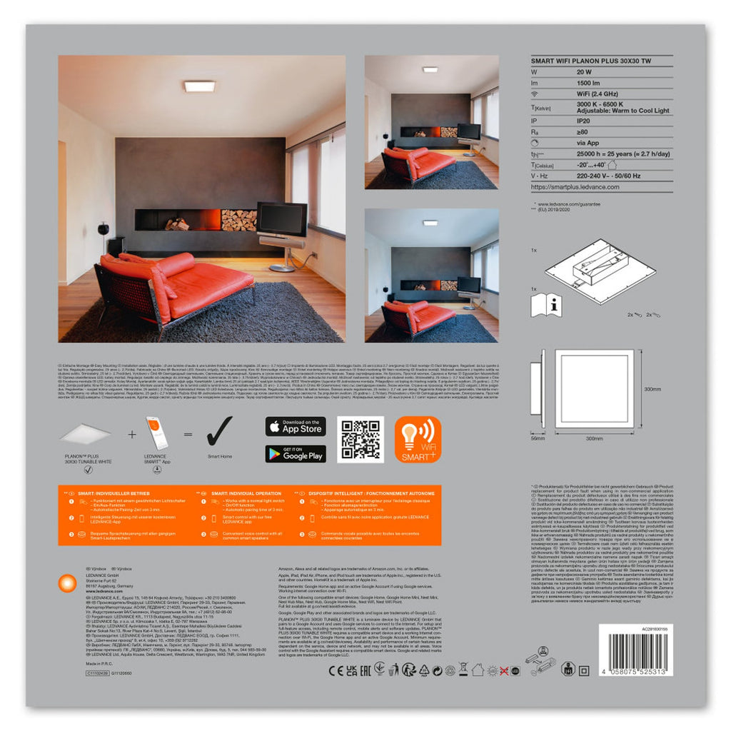 LEDVANCE SMART+ app for styring av LED-panel Smart+ WiFi CCT dimbar hvit 30x30 cm 20W