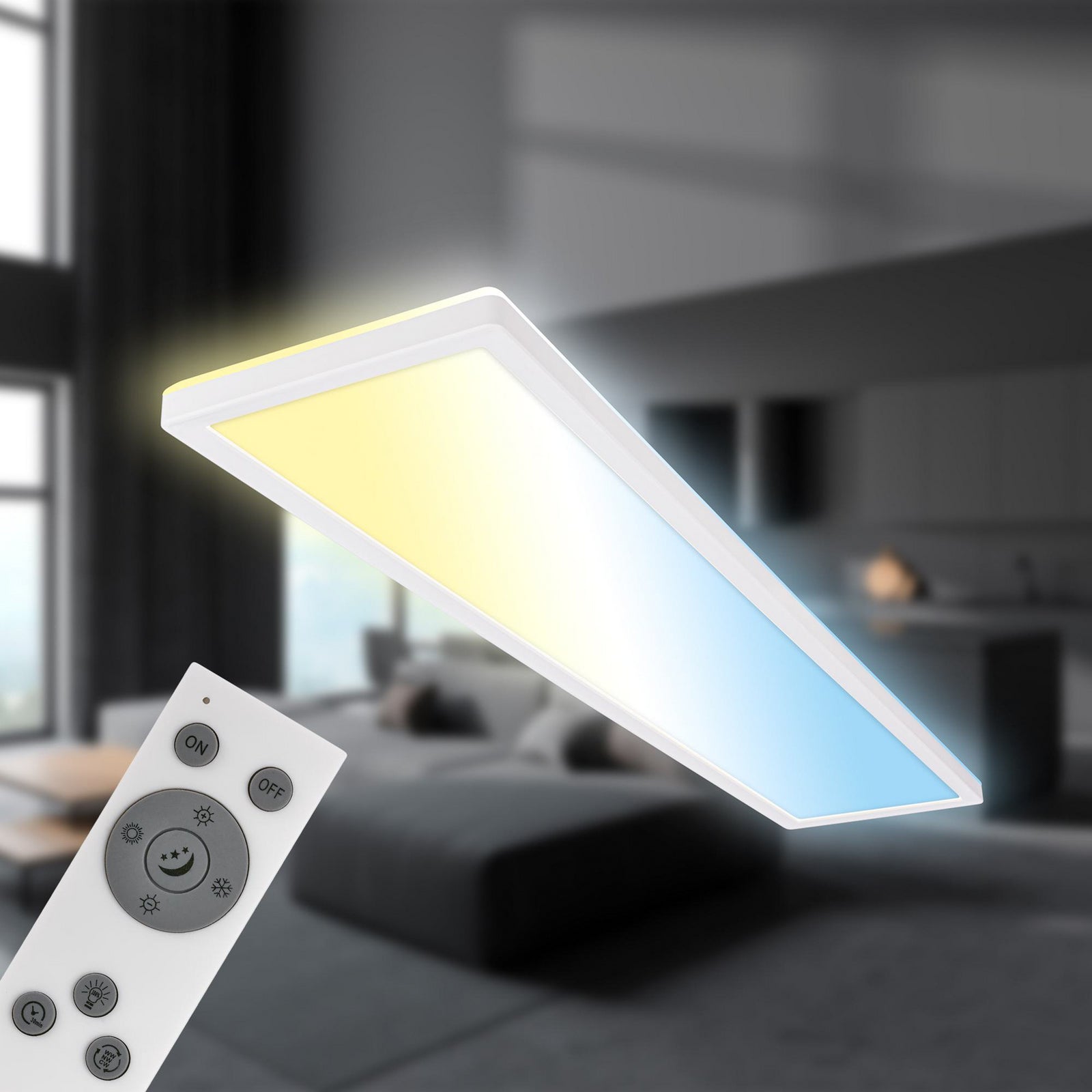 LED panel Tava CCT dimbar hvit 98x20 cm 36W med fjernkontroll lyser