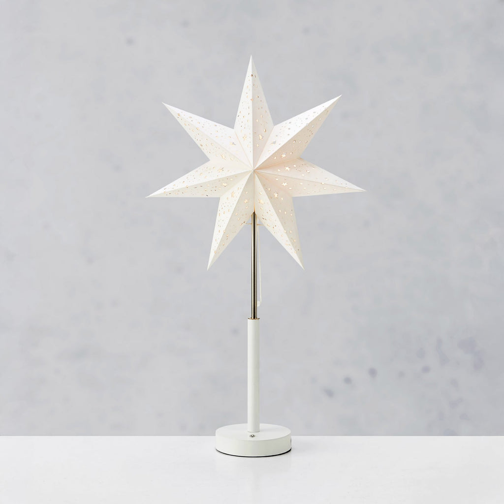Detalj av LED-papirstjerne Noella oppladbar stål/hvit høyde 62 cm