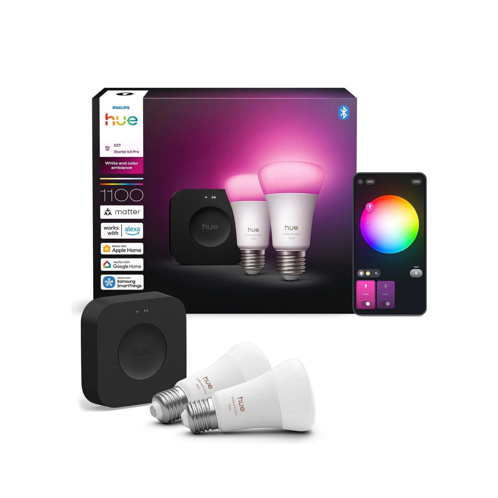 LED-pære 2x E27 8,1W CCT RGB dimbar med Bridge Pro - Philips Hue med app-styring