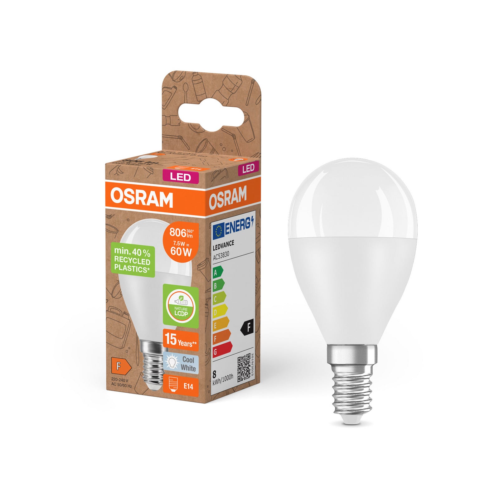 LED-pære E14 dråpeform matt 7,5W 4000K nøytralhvit OSRAM forfra