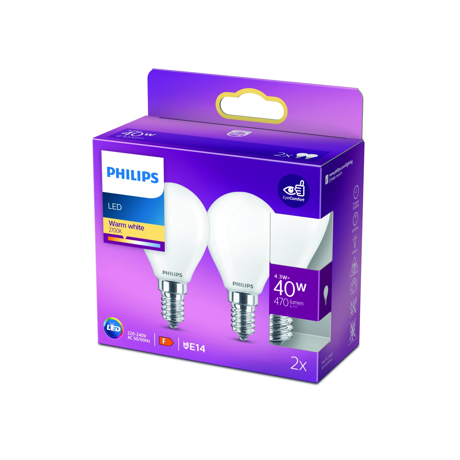 LED-pære E14 dråpeform 4,3W 2700K opal Philips bakside