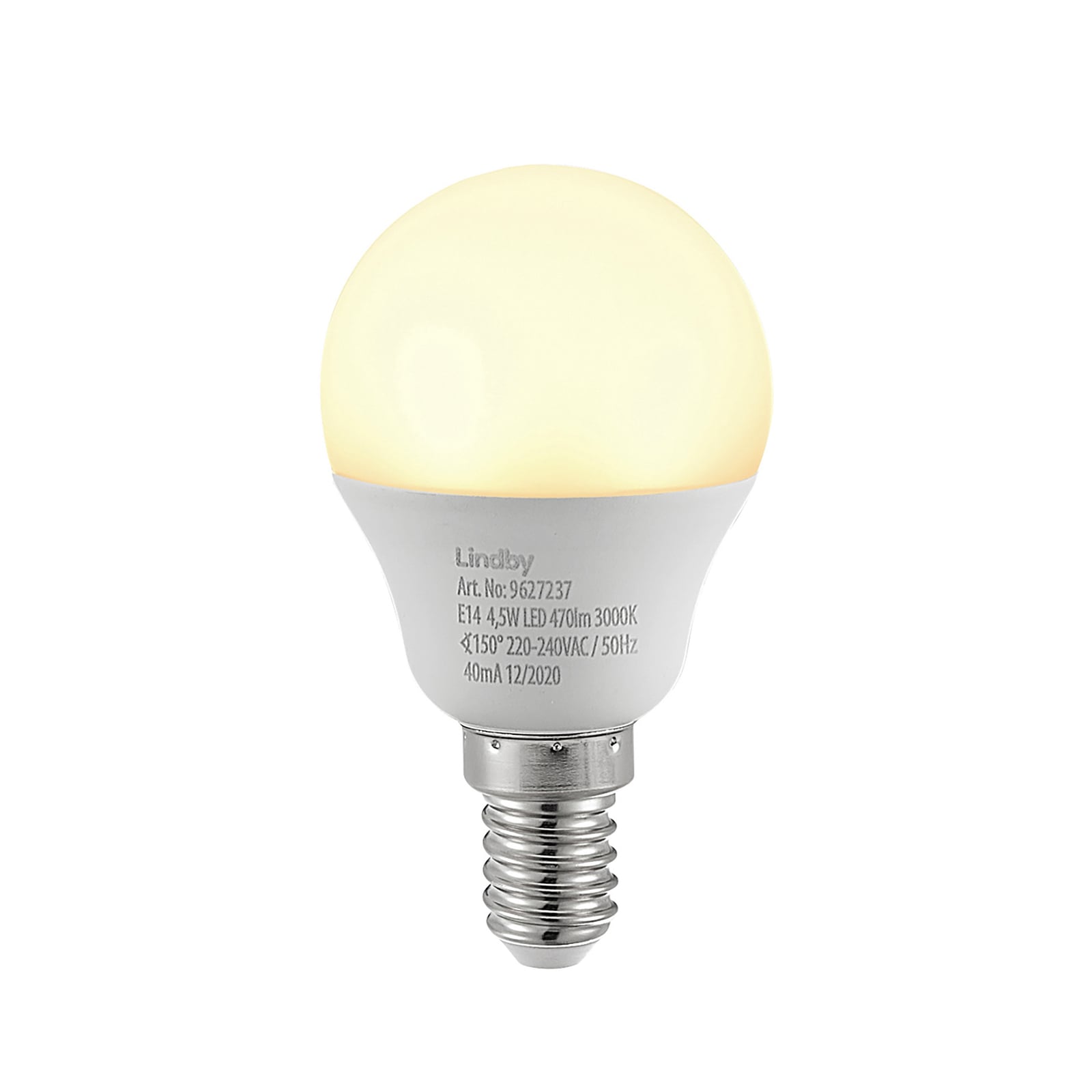 LED-pære E14 dråpeform 4,5W 3000K opal Lindby forfra