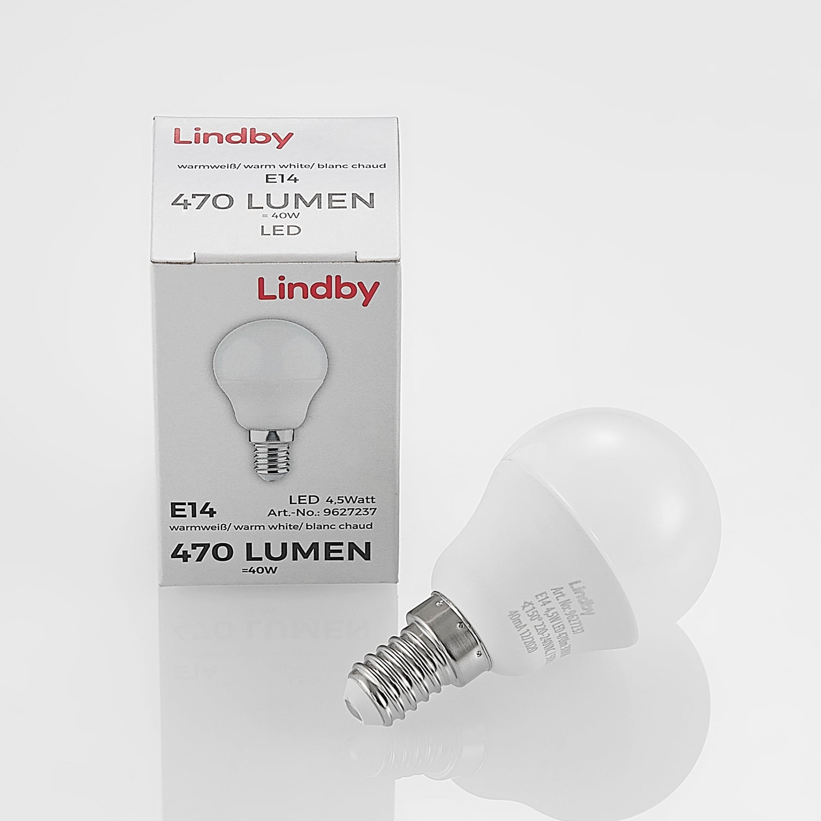 LED-pære E14 dråpeform 4,5W 3000K opal Lindby emballasje