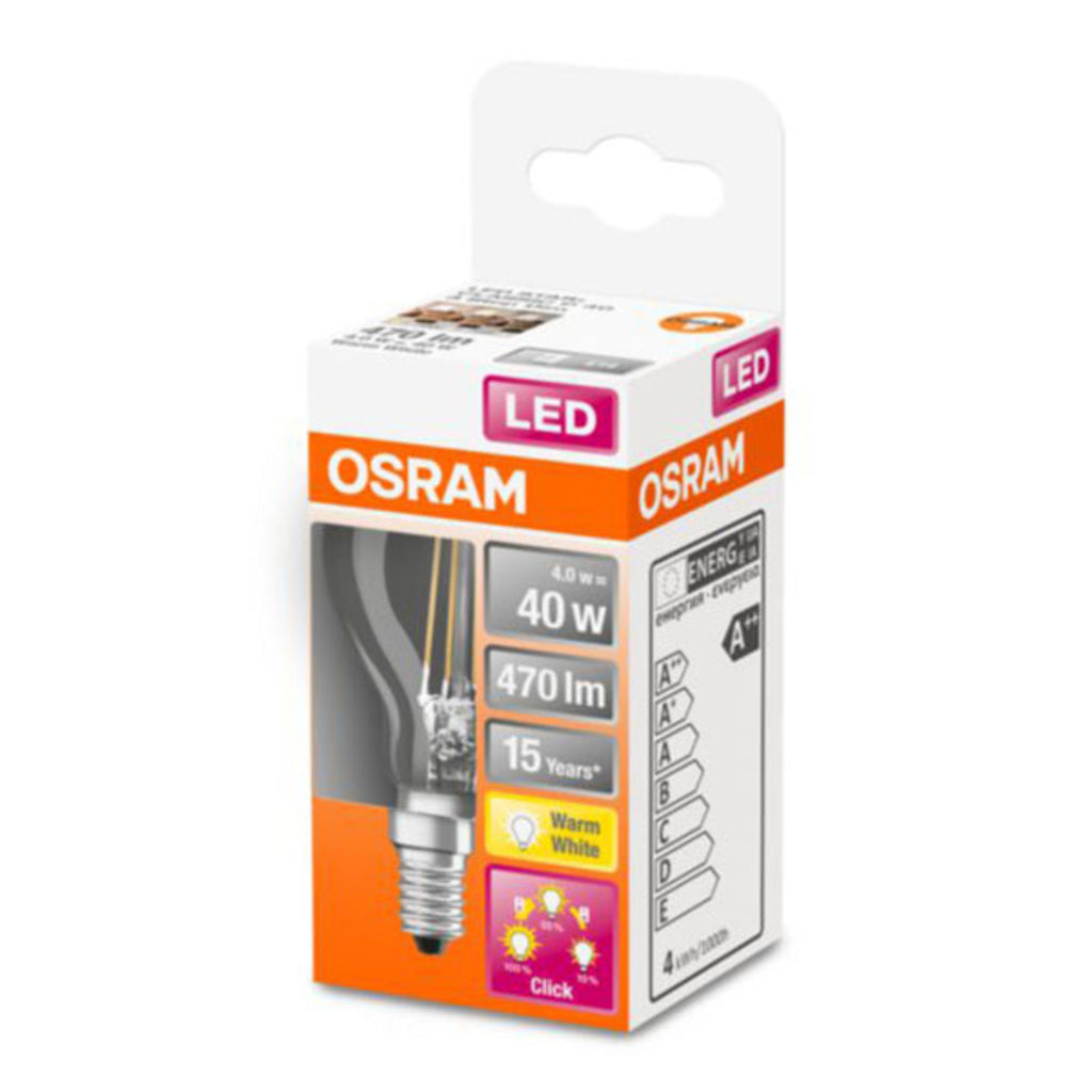 LED-pære E14 dråpeform 4W 2700K klar 3-stegs dimbar OSRAM detalj