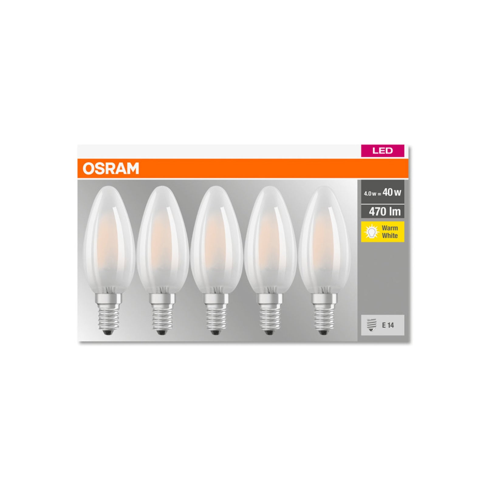 Montert LED-pære E14 kronelysform matt 4,2W 2700K 5-pakning - OSRAM på lampe
