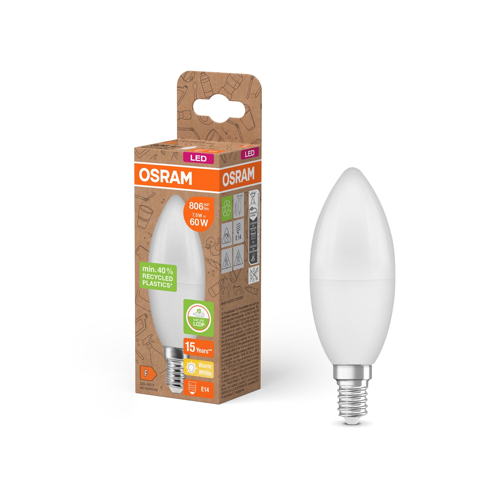Detalj av LED-pære E14 kronelysform matt 7,5W 2700K varmhvit - OSRAM