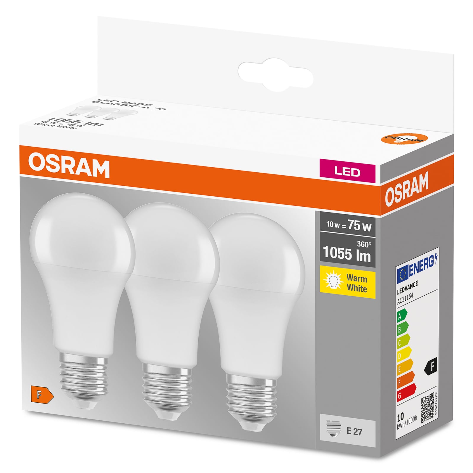 LED-pære E27 10W 2700K matt 1055lm 3-pakning OSRAM nærbilde