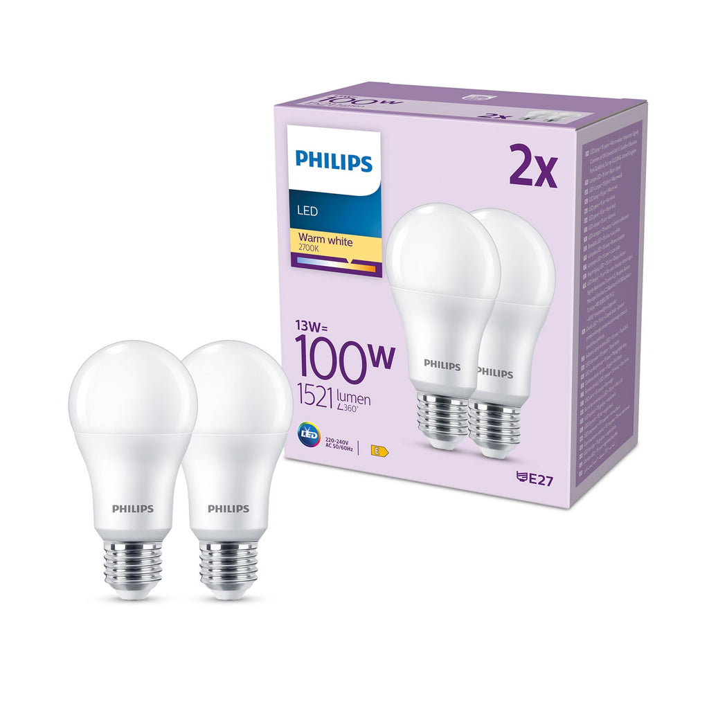 LED-pære E27 13W 1521lm 2700K matt 2-pakning - Philips forfra