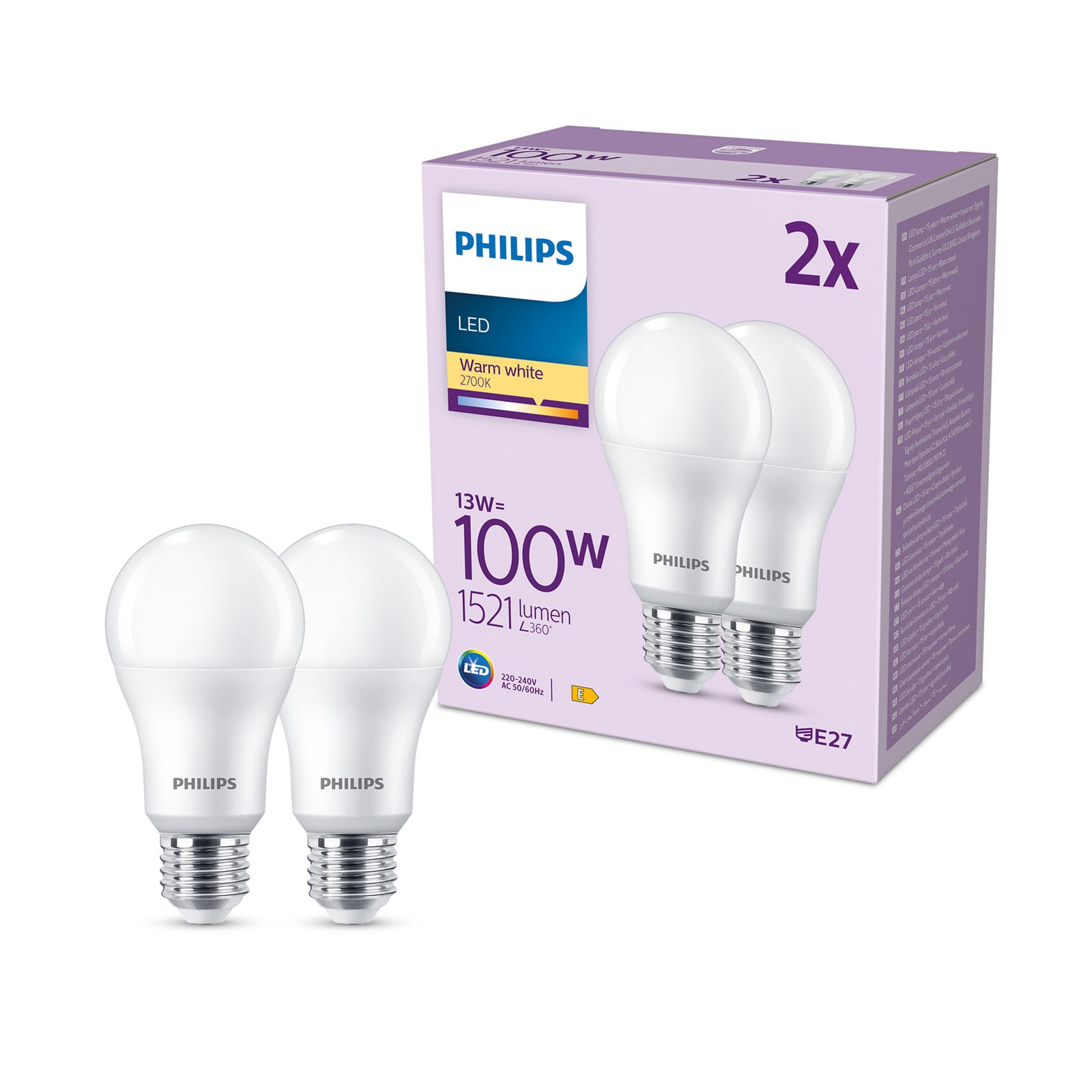 LED-pære E27 13W 1521lm 2700K matt 2-pakning - Philips forfra