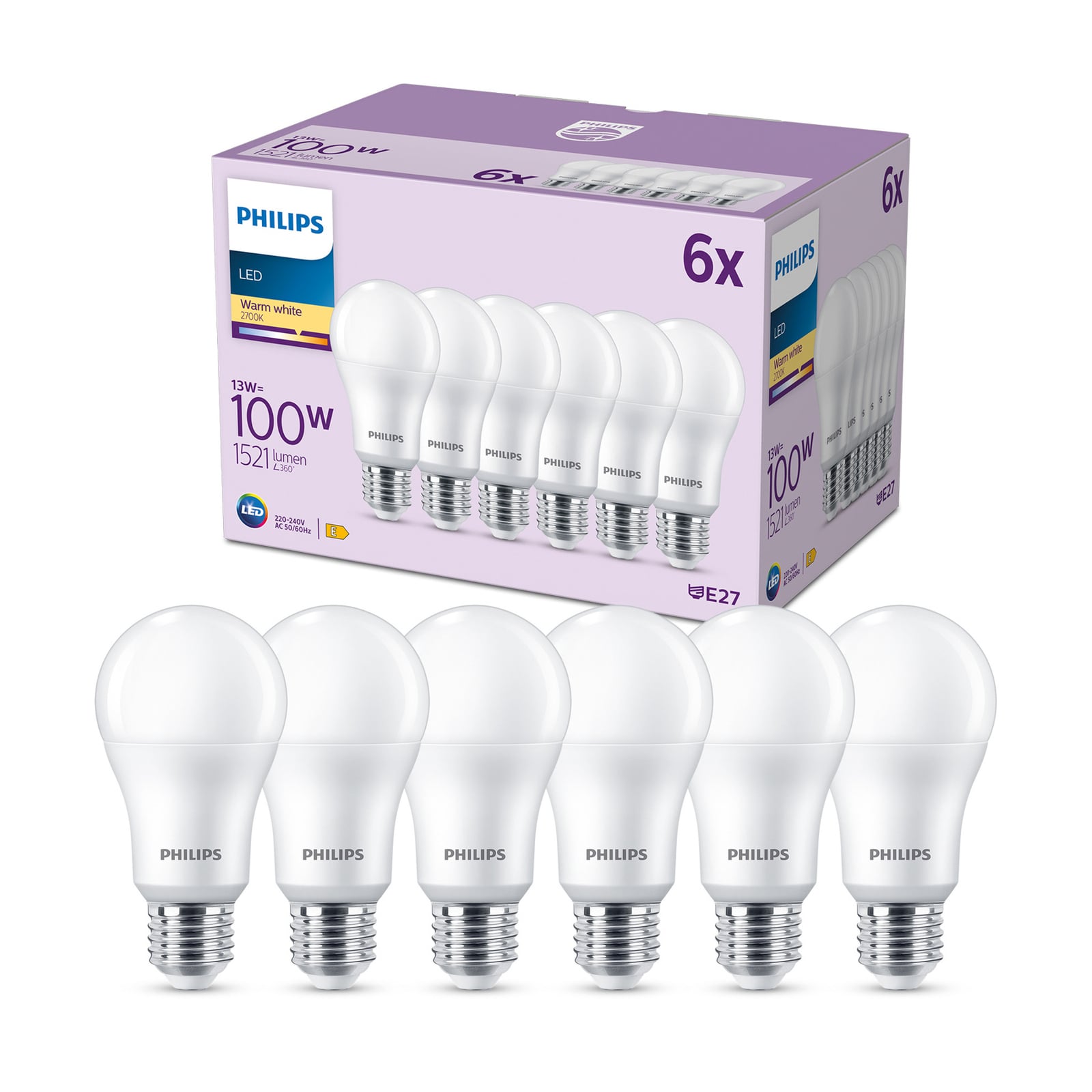 LED-pære E27 13W 2700K 1521lm matt 6-pakning Philips forfra