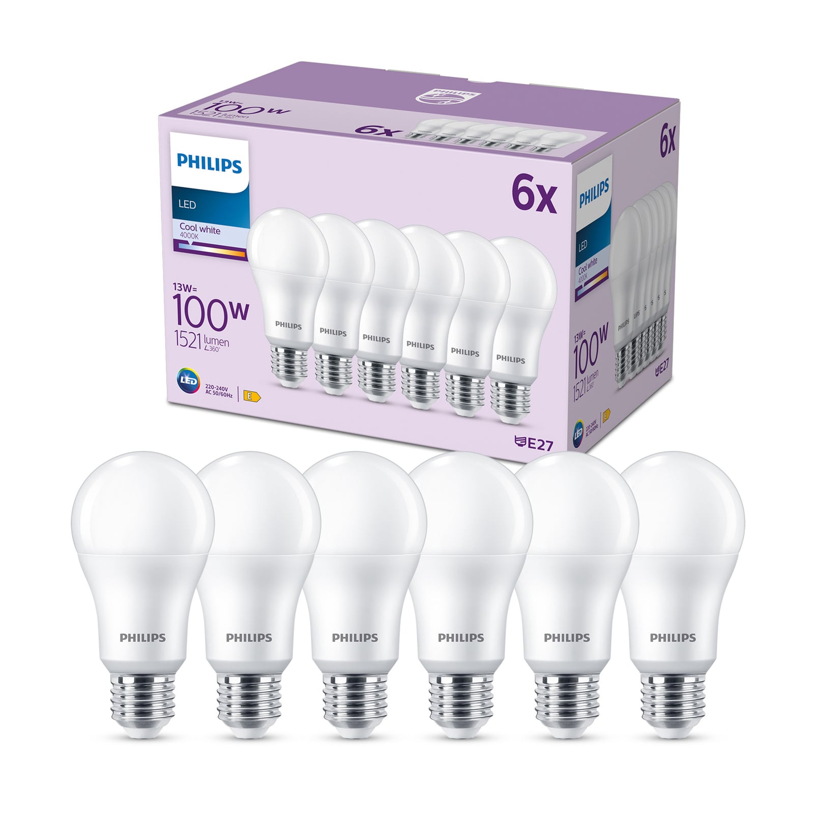LED-pære E27 13W 4000K matt 1521lm 6-pakning Philips forfra