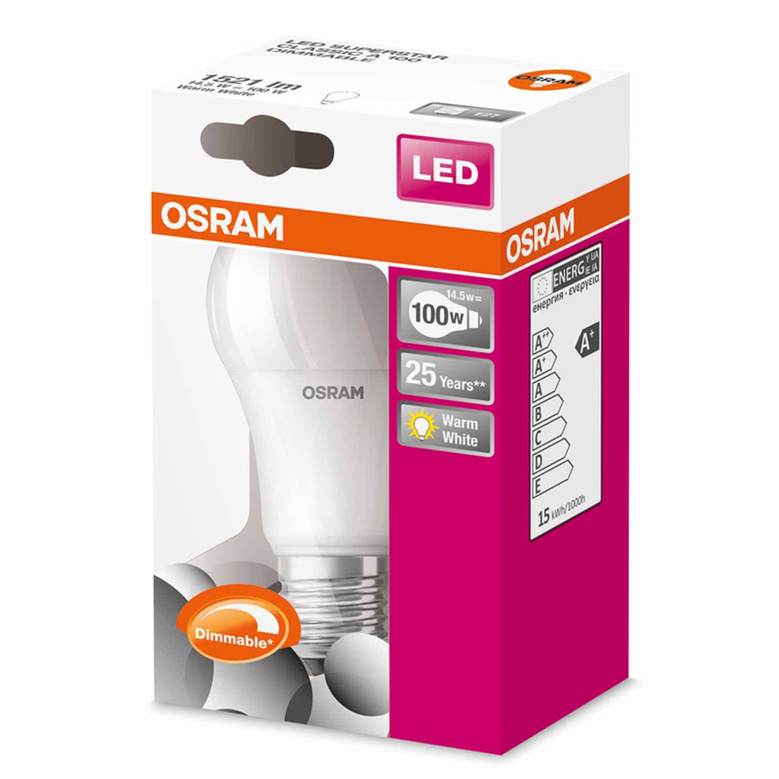 LED-pære E27 14W 2700K dimbar 1521 lumen fra OSRAM detalj