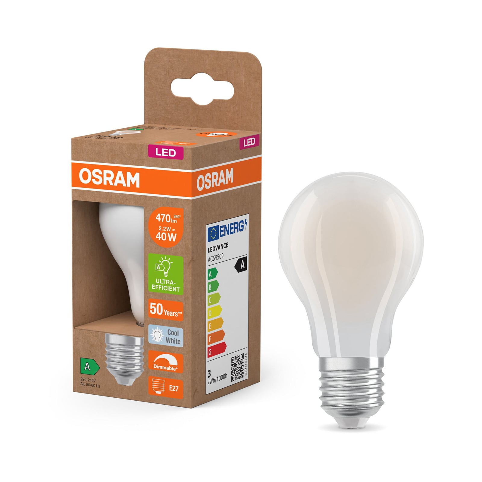 LED-pære E27 2,2W 4000K nøytralhvit dimbar matt OSRAM nærbilde