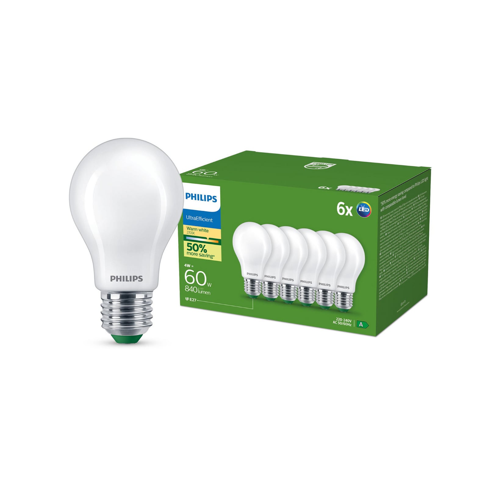 LED-pære E27 4W 840lm 2700K opal 6-pakning - Philips forfra