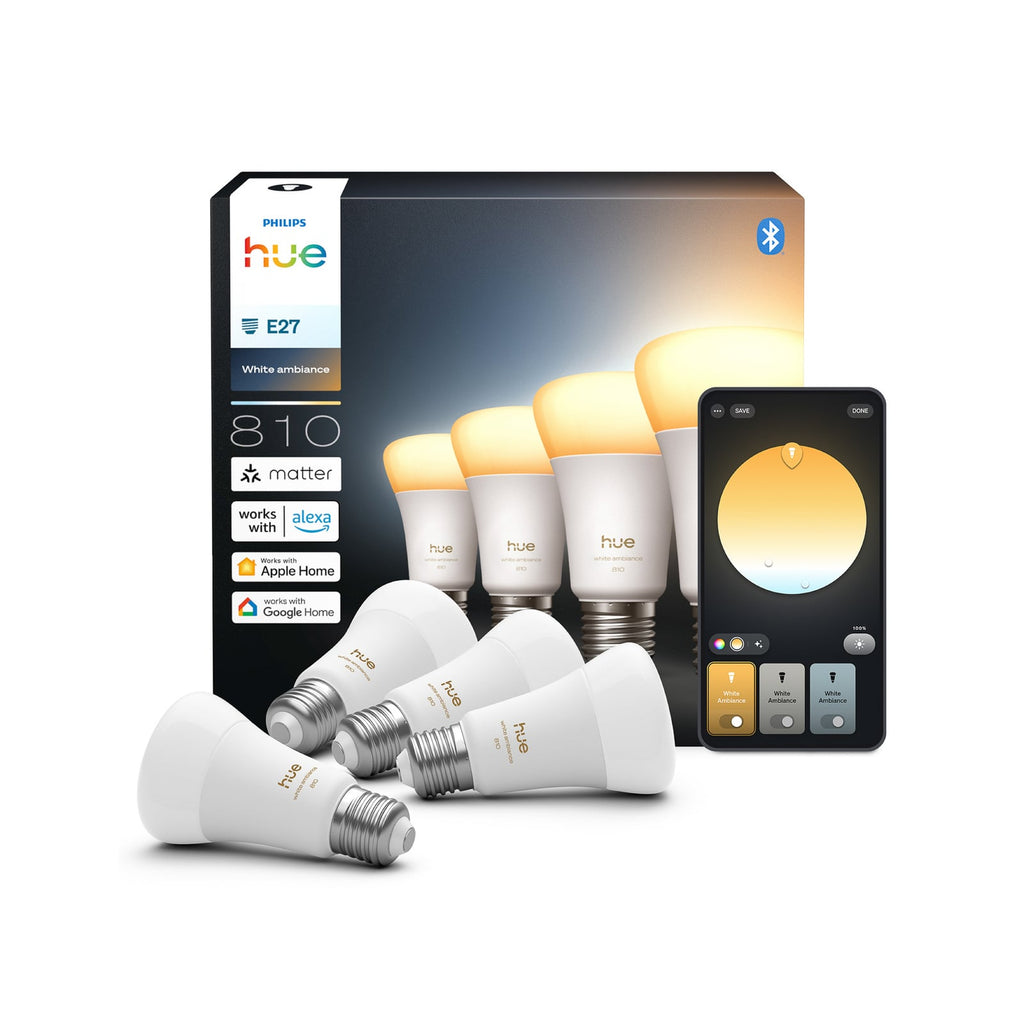 LED-pære E27 6W 810lm CCT dimbar 4-pakning - Philips Hue stemmestyring