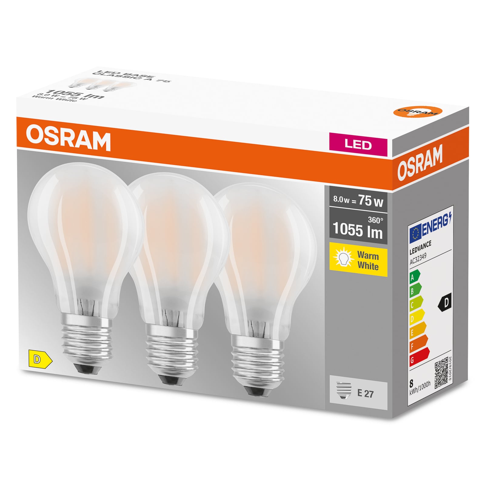 Detalj av LED-pære E27 7,5W 2700K varmhvit matt 3-pakning